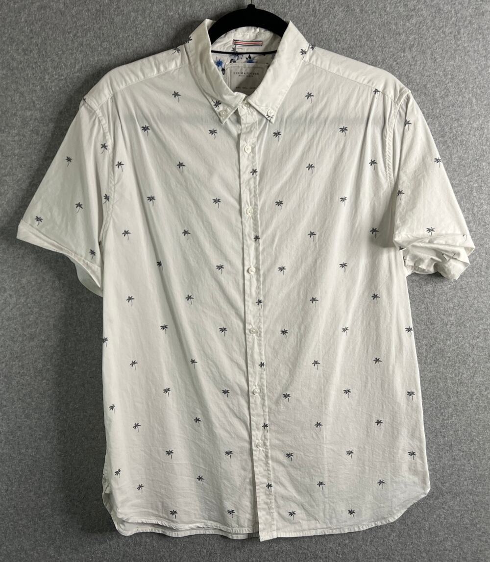 Denim & Flower Ricky Singh Palm Tree Shirt Men’s Large White Short Sleeve Button